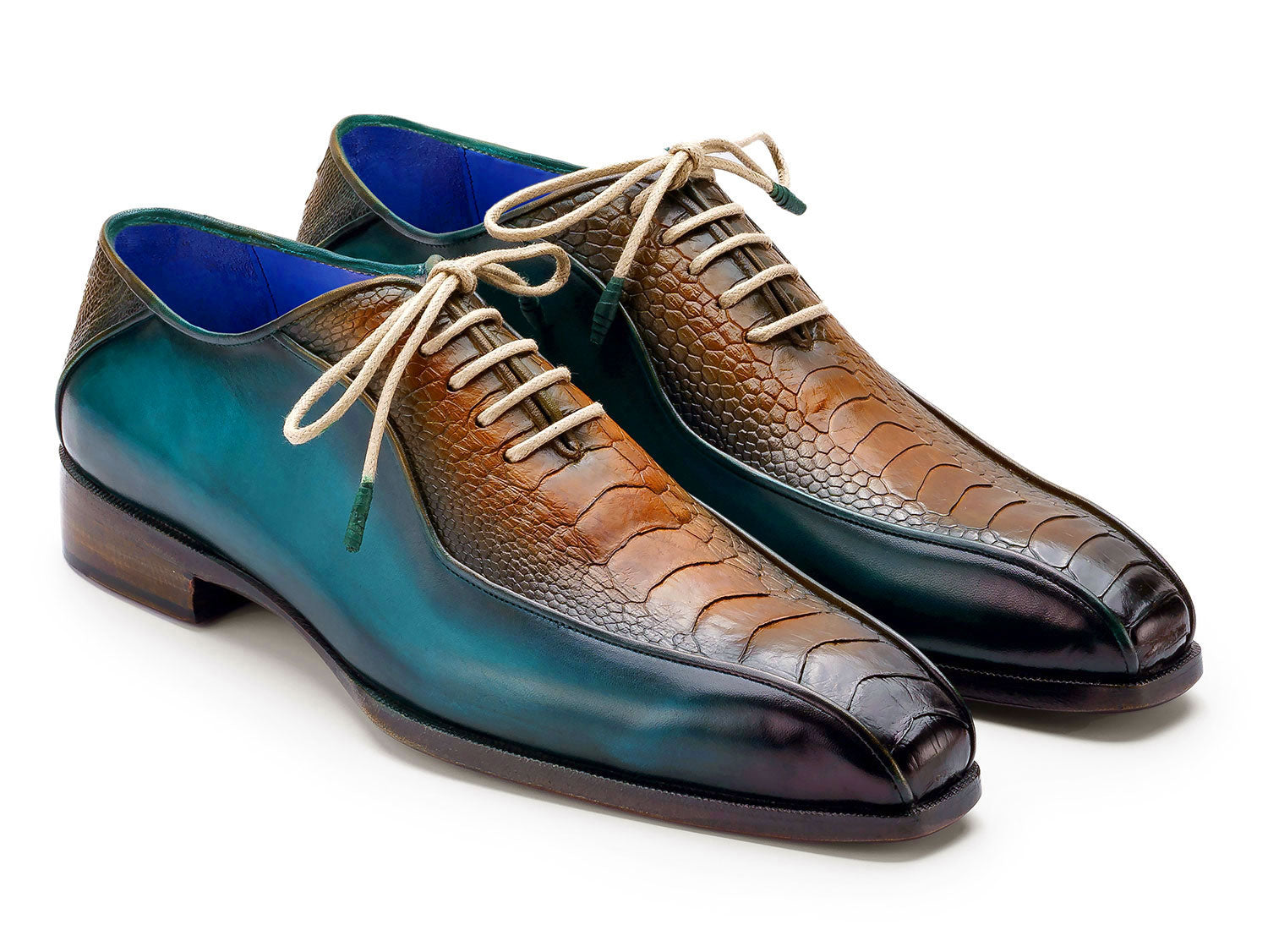 Presenting the Paul Parkman Genuine Ostrich Leg Bicycle Toe Oxfords Green & Brown (ID#94DLTQB)—a pair of made-to-order men’s dress shoes crafted from hand-painted green and brown ostrich leg leather with a distinctive textured pattern, featuring beige laces and blue interior lining.