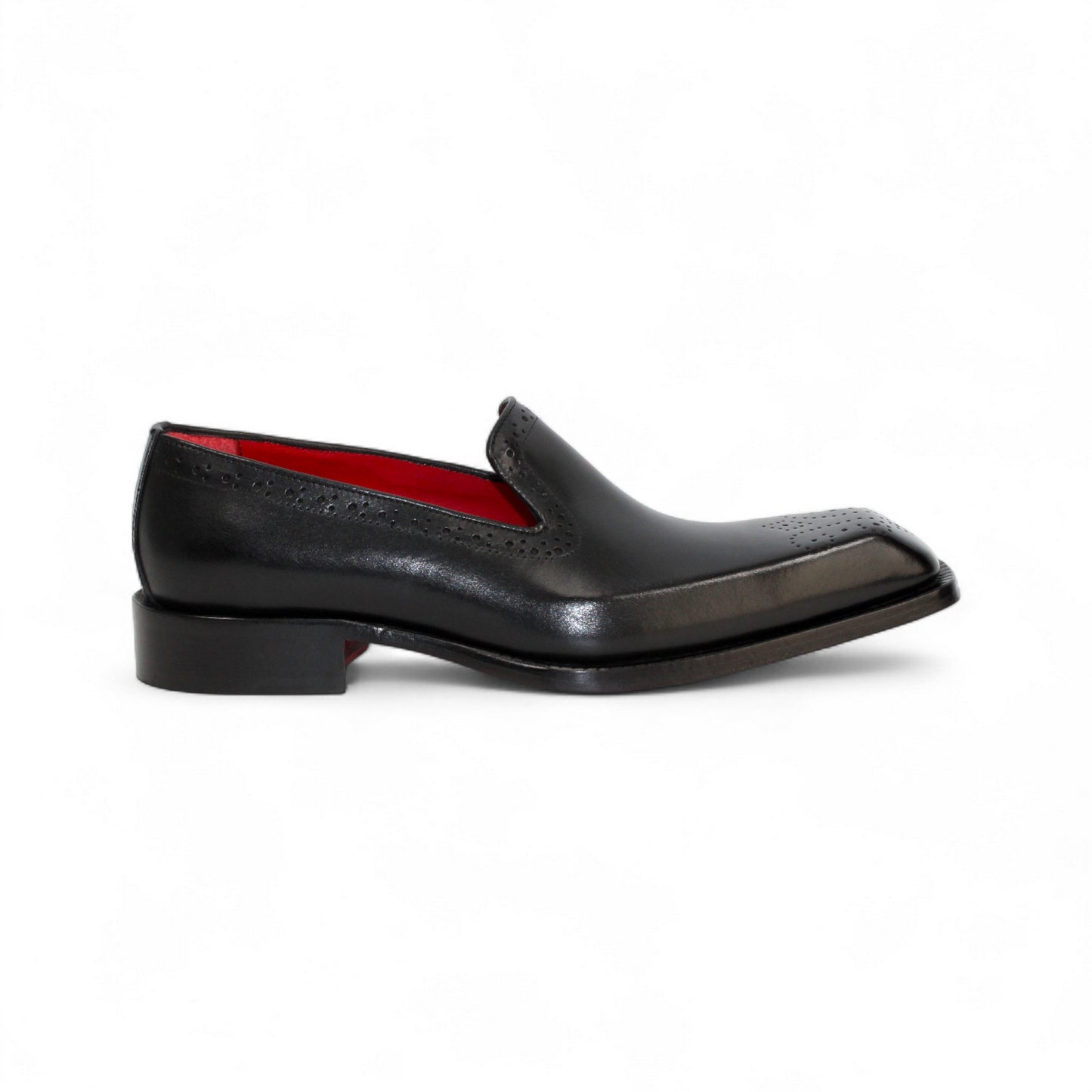 The Emilio Franco A014 Black loafer by Emilio Franco features handcrafted genuine black leather, subtle perforated detailing, a low heel, and red interior lining, showcased on a white background.