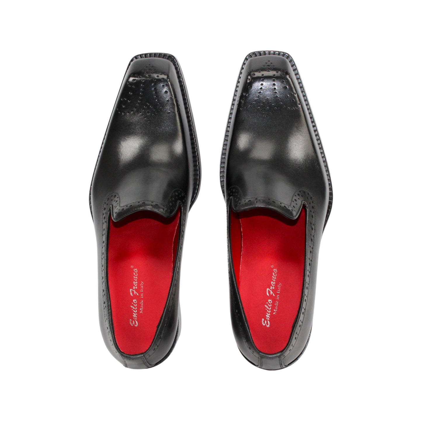 The Emilio Franco A014 Black loafer by Emilio Franco features handcrafted genuine black leather, subtle perforated detailing, a low heel, and red interior lining, showcased on a white background.