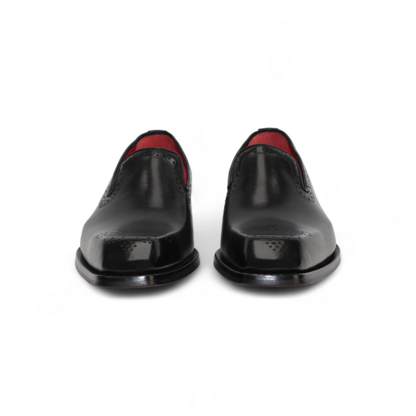 The Emilio Franco A014 Black loafer by Emilio Franco features handcrafted genuine black leather, subtle perforated detailing, a low heel, and red interior lining, showcased on a white background.