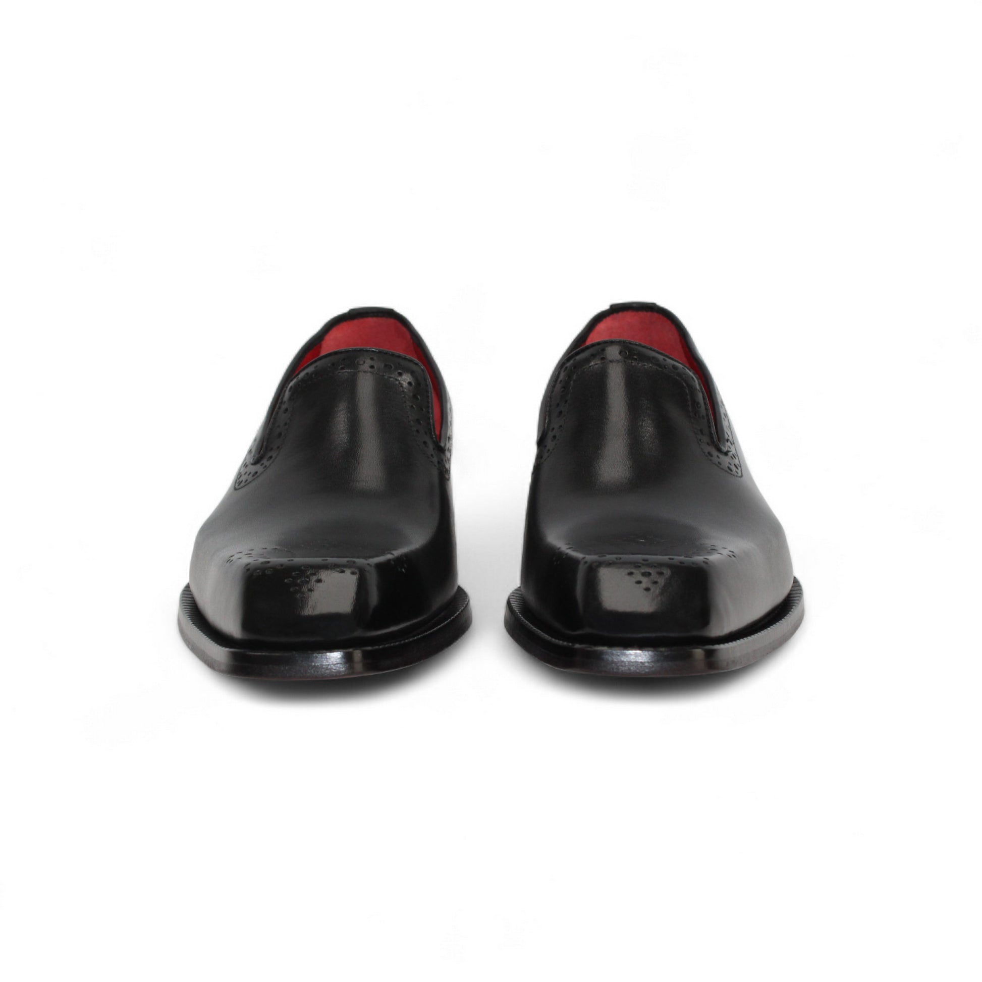 The Emilio Franco A014 Black loafer by Emilio Franco features handcrafted genuine black leather, subtle perforated detailing, a low heel, and red interior lining, showcased on a white background.