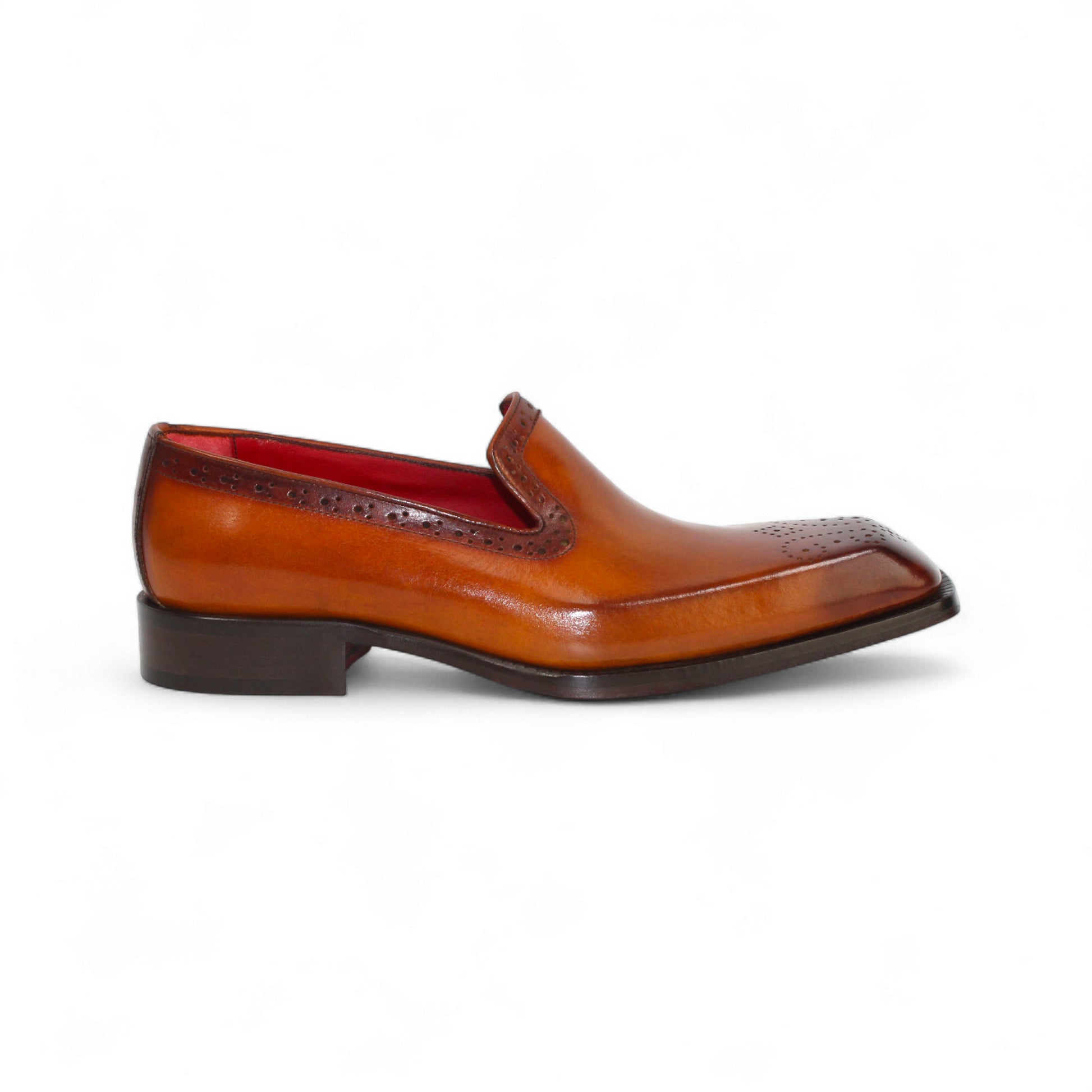 The Emilio Franco A014 Gold is a men's brown Italian leather dress loafer, handcrafted in Italy with a perforated toe, low heel, and red interior lining, displayed against a white background.