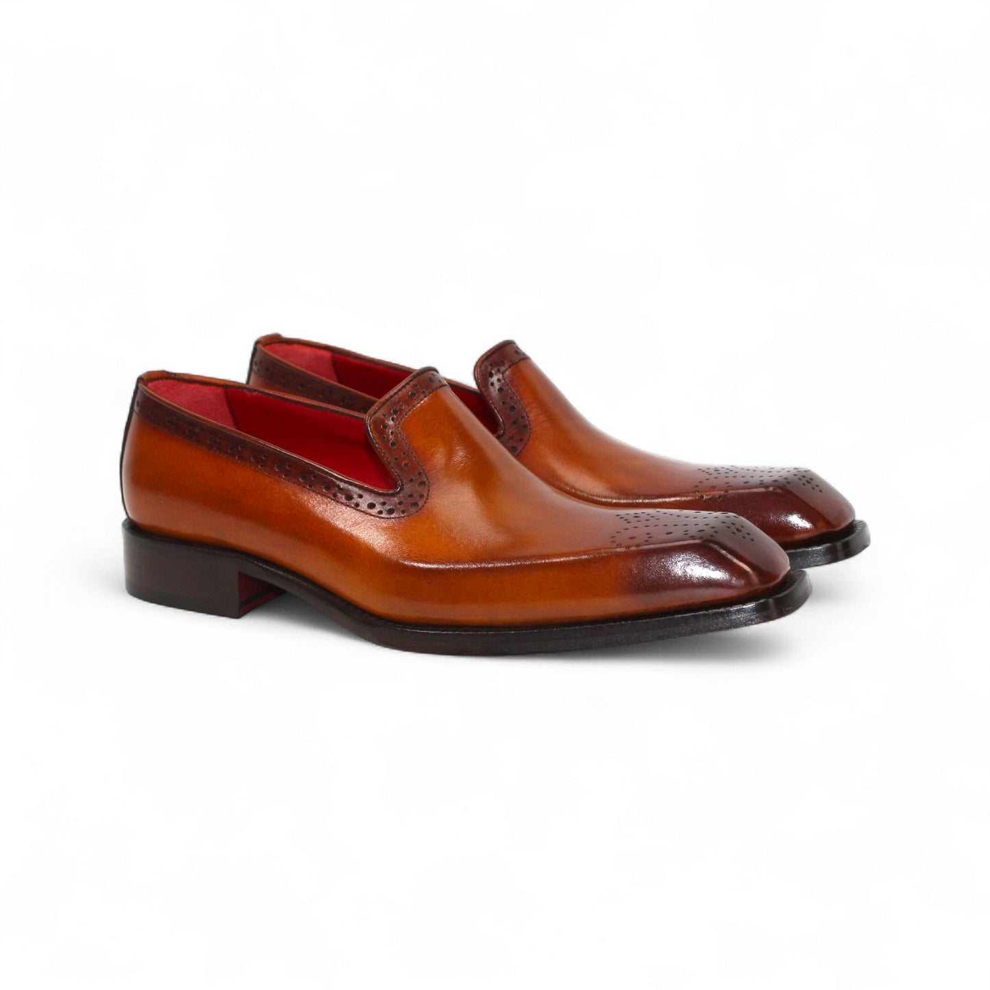 The Emilio Franco A014 Gold is a men's brown Italian leather dress loafer, handcrafted in Italy with a perforated toe, low heel, and red interior lining, displayed against a white background.