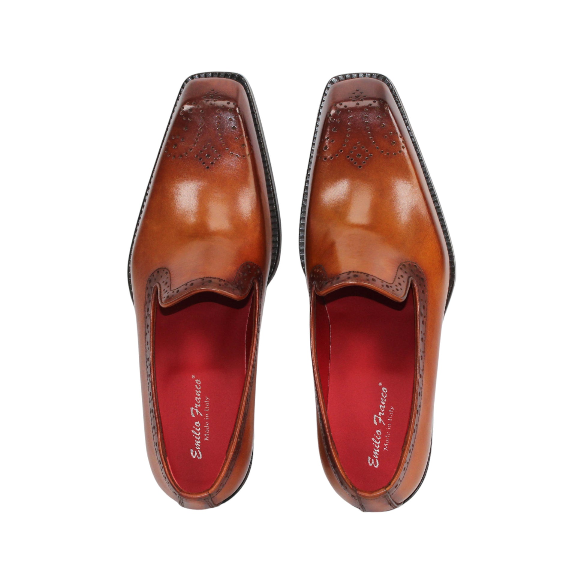 The Emilio Franco A014 Gold is a men's brown Italian leather dress loafer, handcrafted in Italy with a perforated toe, low heel, and red interior lining, displayed against a white background.