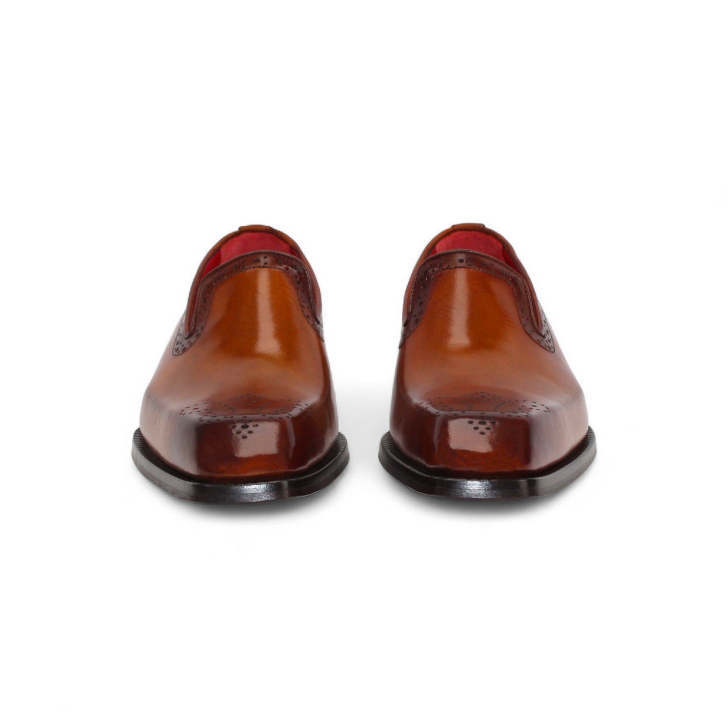 The Emilio Franco A014 Gold is a men's brown Italian leather dress loafer, handcrafted in Italy with a perforated toe, low heel, and red interior lining, displayed against a white background.