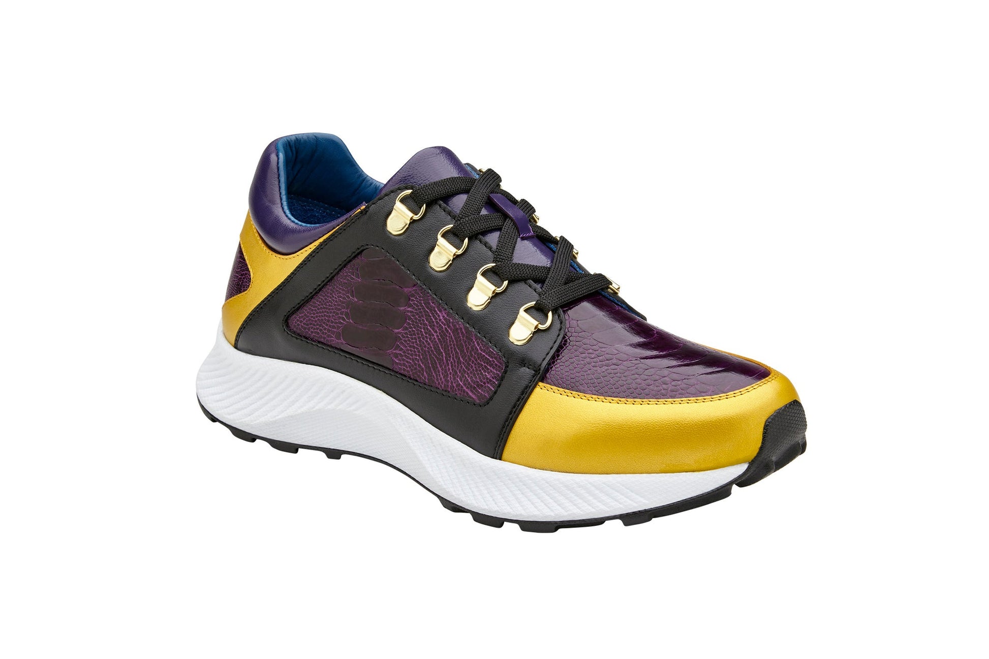 The BELVEDERE Adam sneaker features genuine ostrich leg and soft calf leather in gold, purple, and black, with a white sole, black laces, and gold eyelets for premium style and comfort.