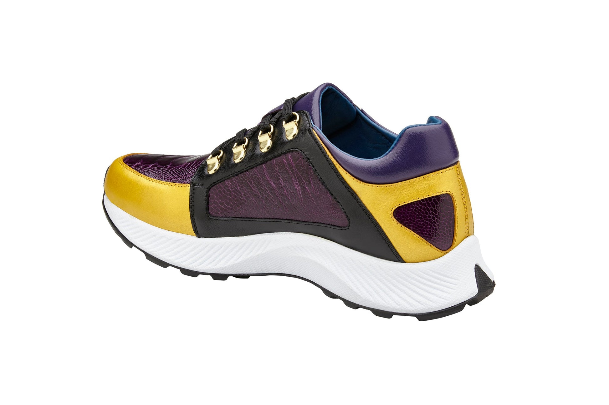 The BELVEDERE Adam sneaker features genuine ostrich leg and soft calf leather in gold, purple, and black, with a white sole, black laces, and gold eyelets for premium style and comfort.