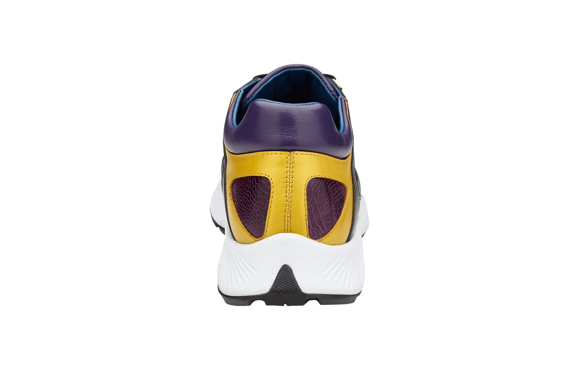 The BELVEDERE Adam sneaker features genuine ostrich leg and soft calf leather in gold, purple, and black, with a white sole, black laces, and gold eyelets for premium style and comfort.