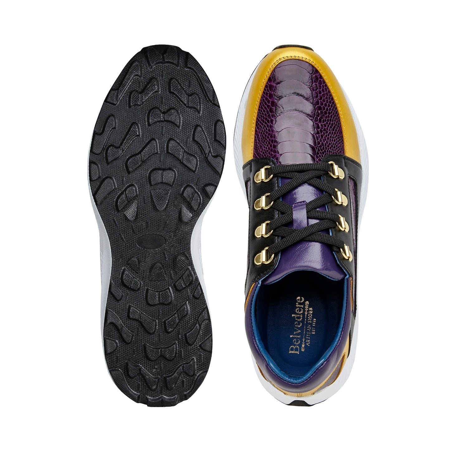 The BELVEDERE Adam sneaker features genuine ostrich leg and soft calf leather in gold, purple, and black, with a white sole, black laces, and gold eyelets for premium style and comfort.