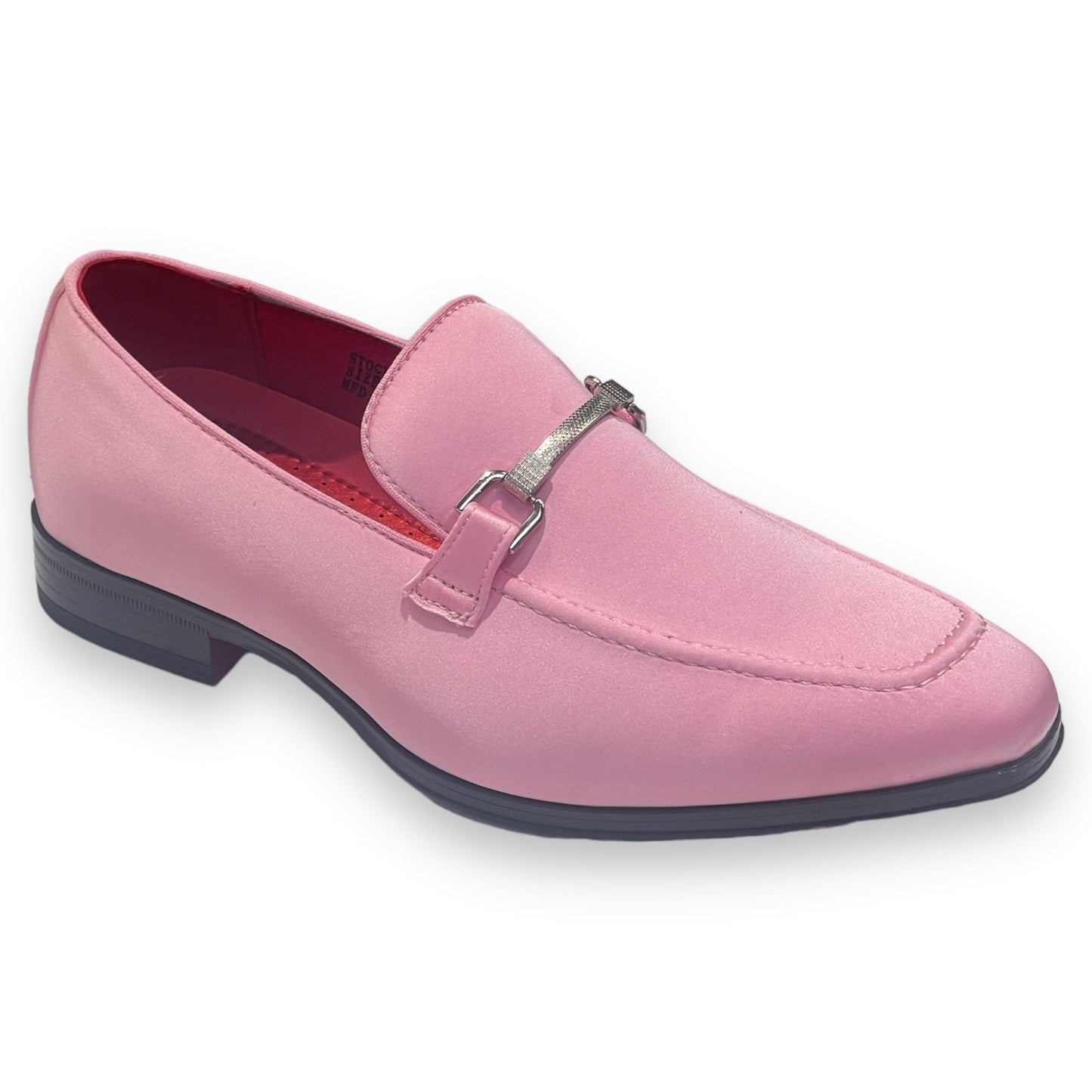The After Midnight 7018 pink satin loafer features a sleek buckle detail and a black sole.