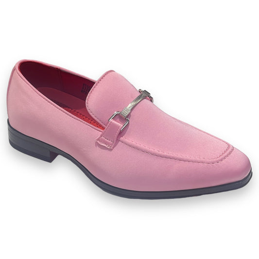 The After Midnight 7018 pink satin loafer features a sleek buckle detail and a black sole.