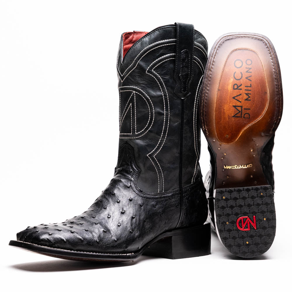 The Alabama Black by Marco Di Milano: a pair of black ostrich skin cowboy boots with white stitching, shown from side and sole views. These luxury men's boots combine classic western style with superb craftsmanship.