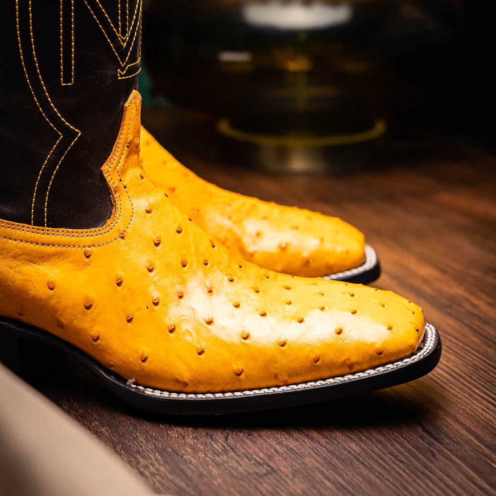 Introducing the Alabama Buttercup by Marco Di Milano: handcrafted cowboy boots with yellow genuine ostrich skin on the foot, dark brown leather shafts, and signature branding embossed on the sole.