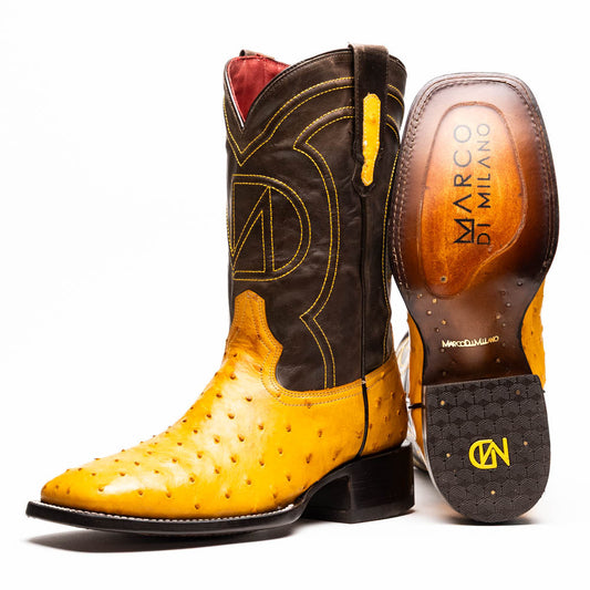 Introducing the Alabama Buttercup by Marco Di Milano: handcrafted cowboy boots with yellow genuine ostrich skin on the foot, dark brown leather shafts, and signature branding embossed on the sole.