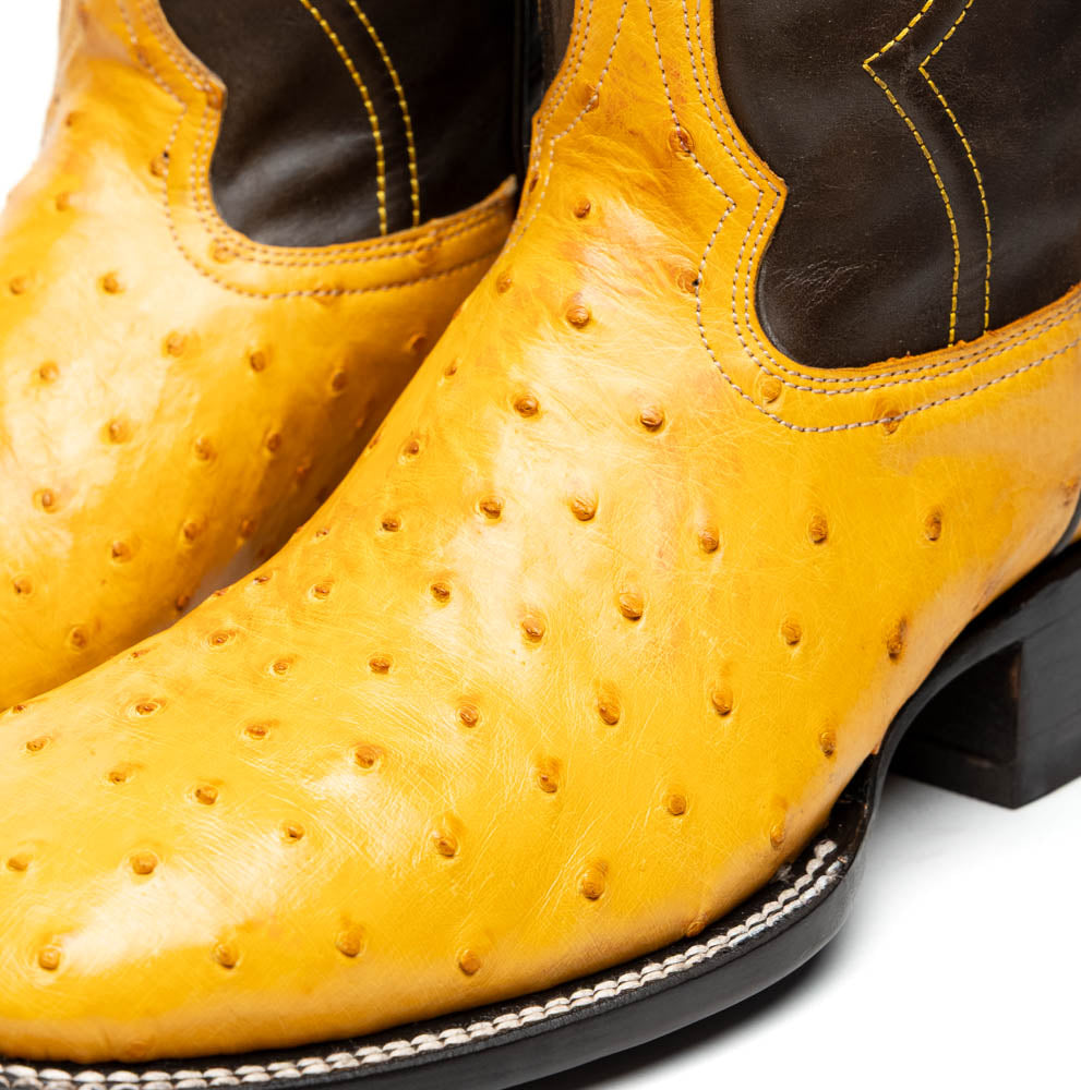 Introducing the Alabama Buttercup by Marco Di Milano: handcrafted cowboy boots with yellow genuine ostrich skin on the foot, dark brown leather shafts, and signature branding embossed on the sole.