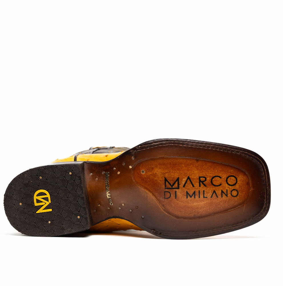 Introducing the Alabama Buttercup by Marco Di Milano: handcrafted cowboy boots with yellow genuine ostrich skin on the foot, dark brown leather shafts, and signature branding embossed on the sole.