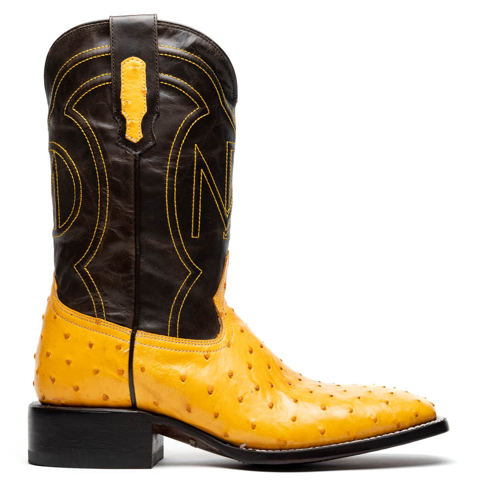Introducing the Alabama Buttercup by Marco Di Milano: handcrafted cowboy boots with yellow genuine ostrich skin on the foot, dark brown leather shafts, and signature branding embossed on the sole.