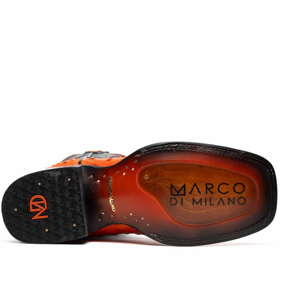 A pair of Alabama Orange cowboy boots by Marco Di Milano featuring a textured orange and black genuine ostrich upper and a visible logo on the leather sole.