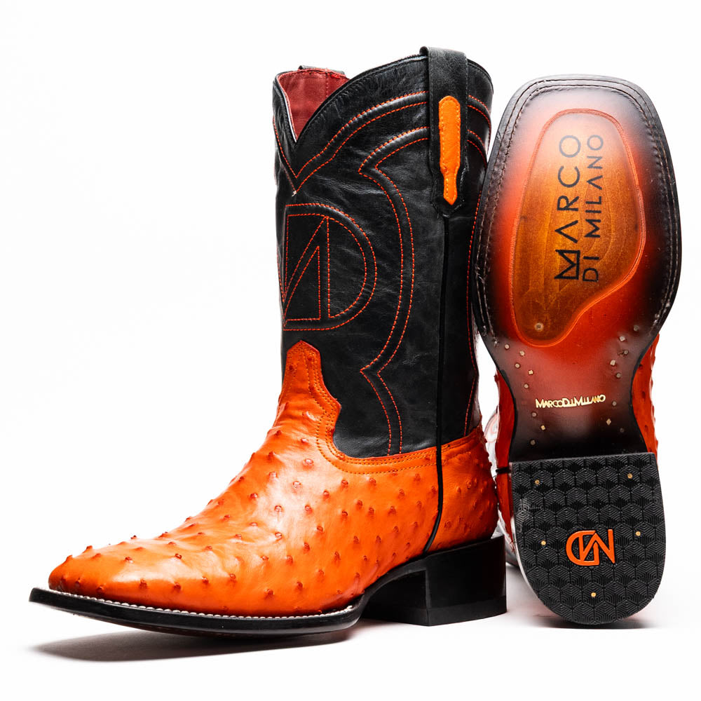A pair of Alabama Orange cowboy boots by Marco Di Milano featuring a textured orange and black genuine ostrich upper and a visible logo on the leather sole.