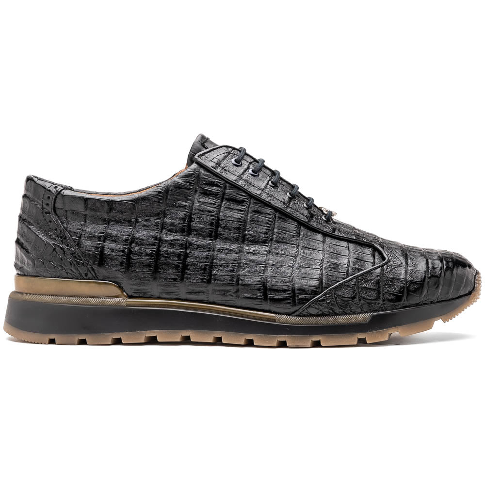 The Alonzo Black by Marco Di Milano: luxury men's sneakers crafted from black genuine caiman crocodile leather with a hand-painted finish and brown rubber soles—one shoe upright, the other leaning against it.