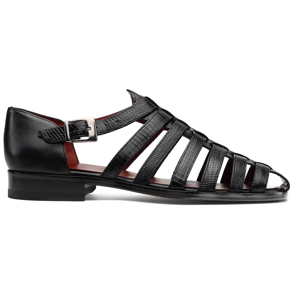 Albero Black handcrafted black textured leather sandal featuring a caged, woven strap design.