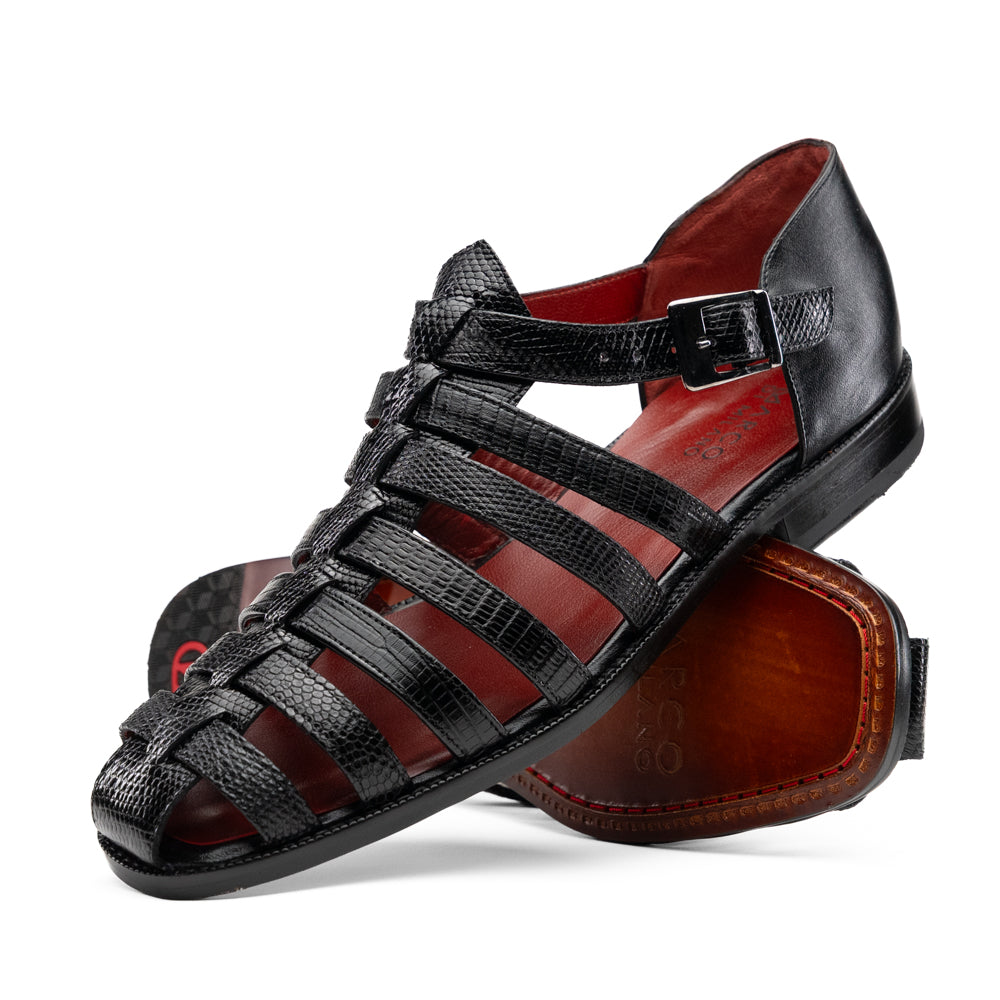 Albero Black handcrafted black textured leather sandal featuring a caged, woven strap design.