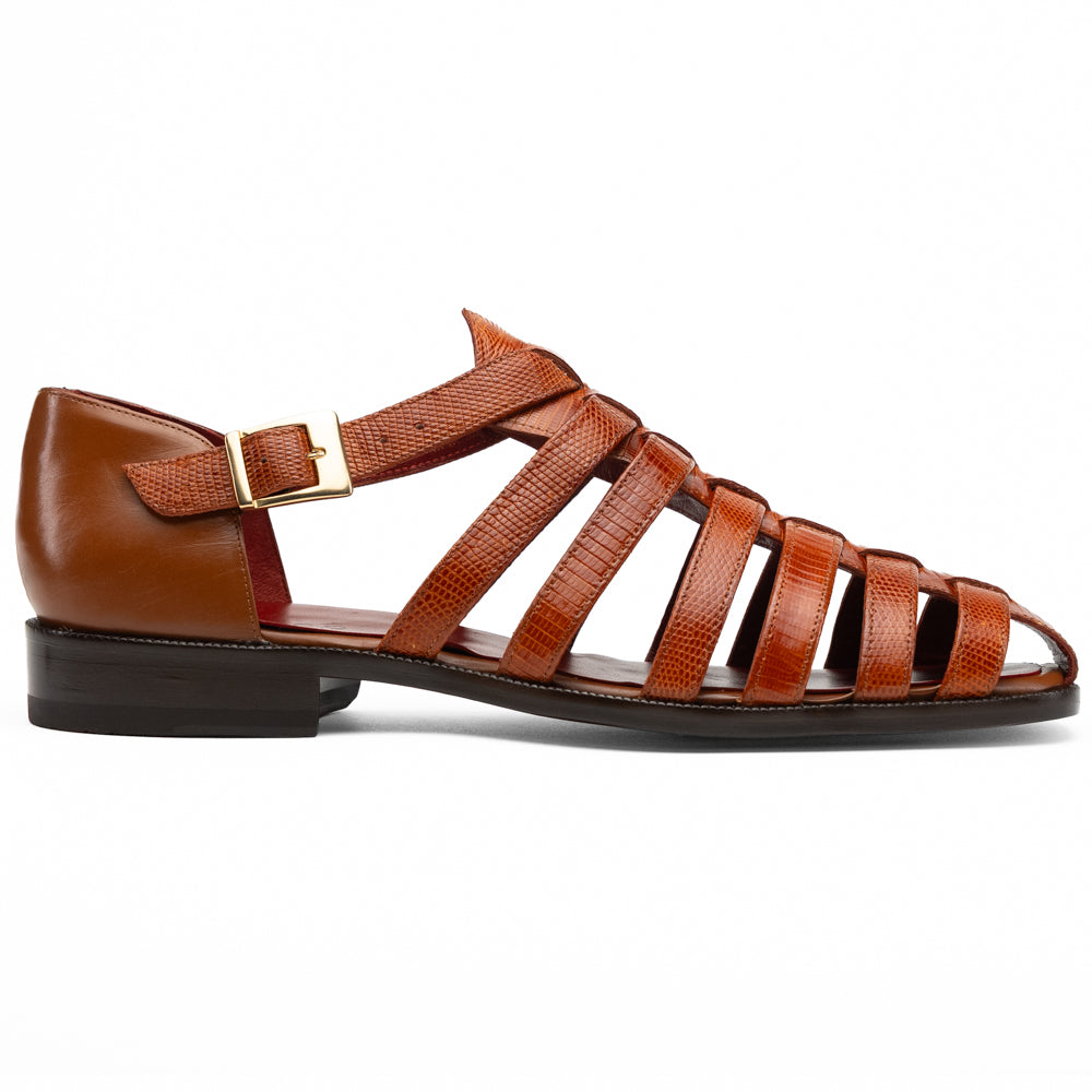Marco Di Milano Albero Brandy: handcrafted brown leather gladiator-style sandal with a buckled ankle strap, a low heel, and genuine lizard ring detailing.