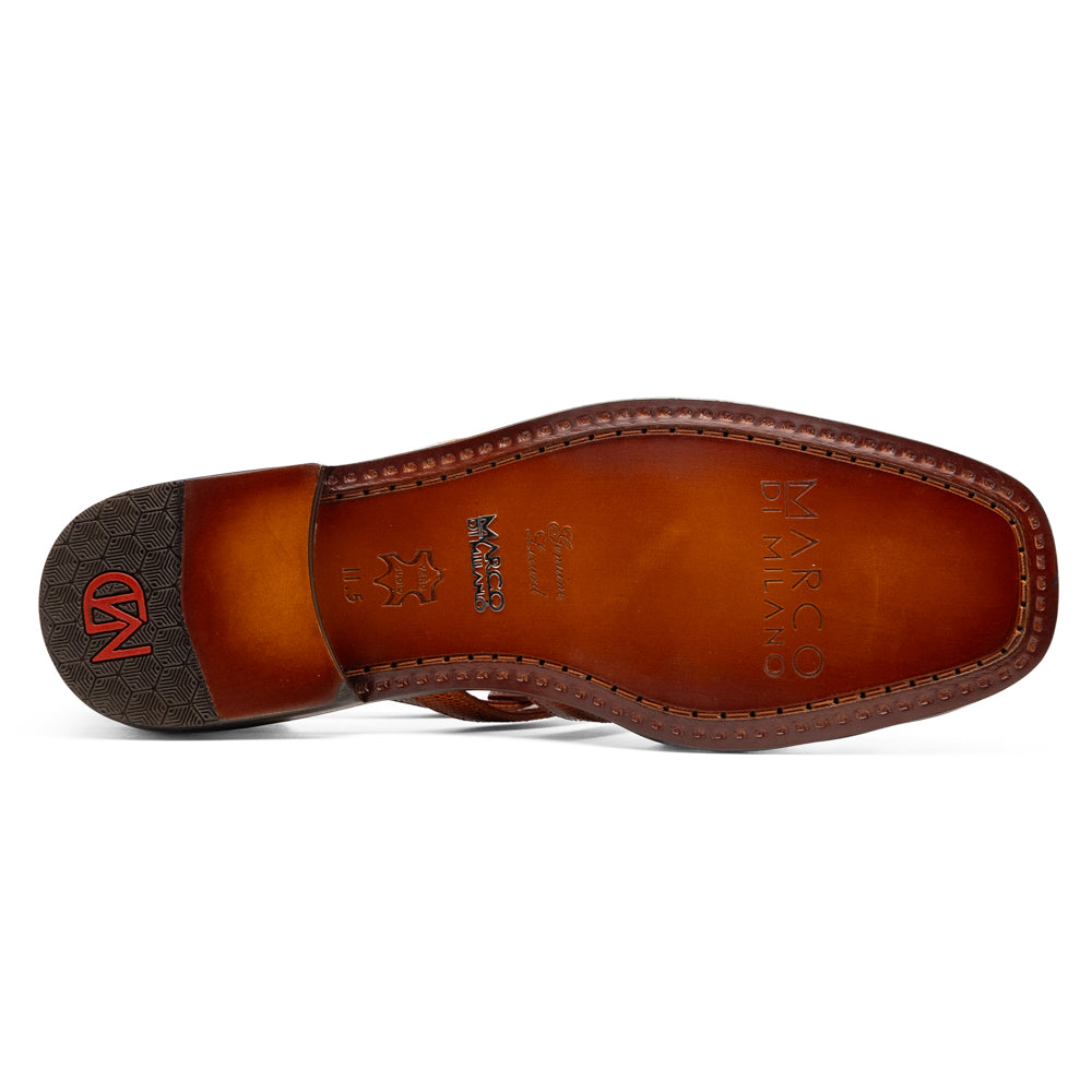 Marco Di Milano Albero Brandy: handcrafted brown leather gladiator-style sandal with a buckled ankle strap, a low heel, and genuine lizard ring detailing.
