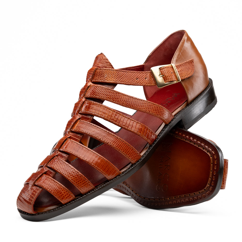 Marco Di Milano Albero Brandy: handcrafted brown leather gladiator-style sandal with a buckled ankle strap, a low heel, and genuine lizard ring detailing.