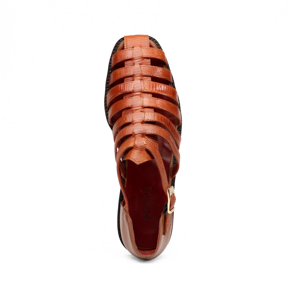 Marco Di Milano Albero Brandy: handcrafted brown leather gladiator-style sandal with a buckled ankle strap, a low heel, and genuine lizard ring detailing.