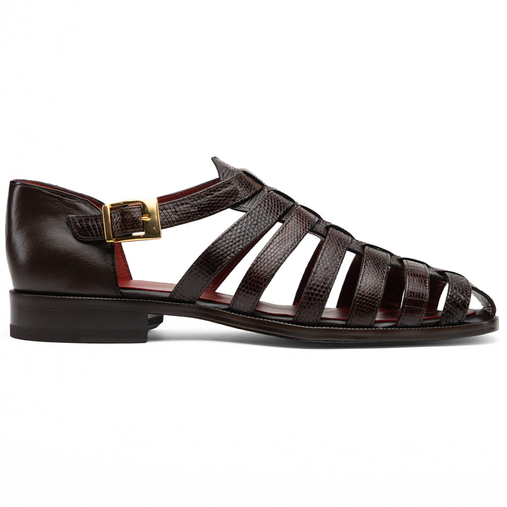 Albero Brown handcrafted dark brown goat leather gladiator-style sandal with a buckled ankle strap and a low heel.
