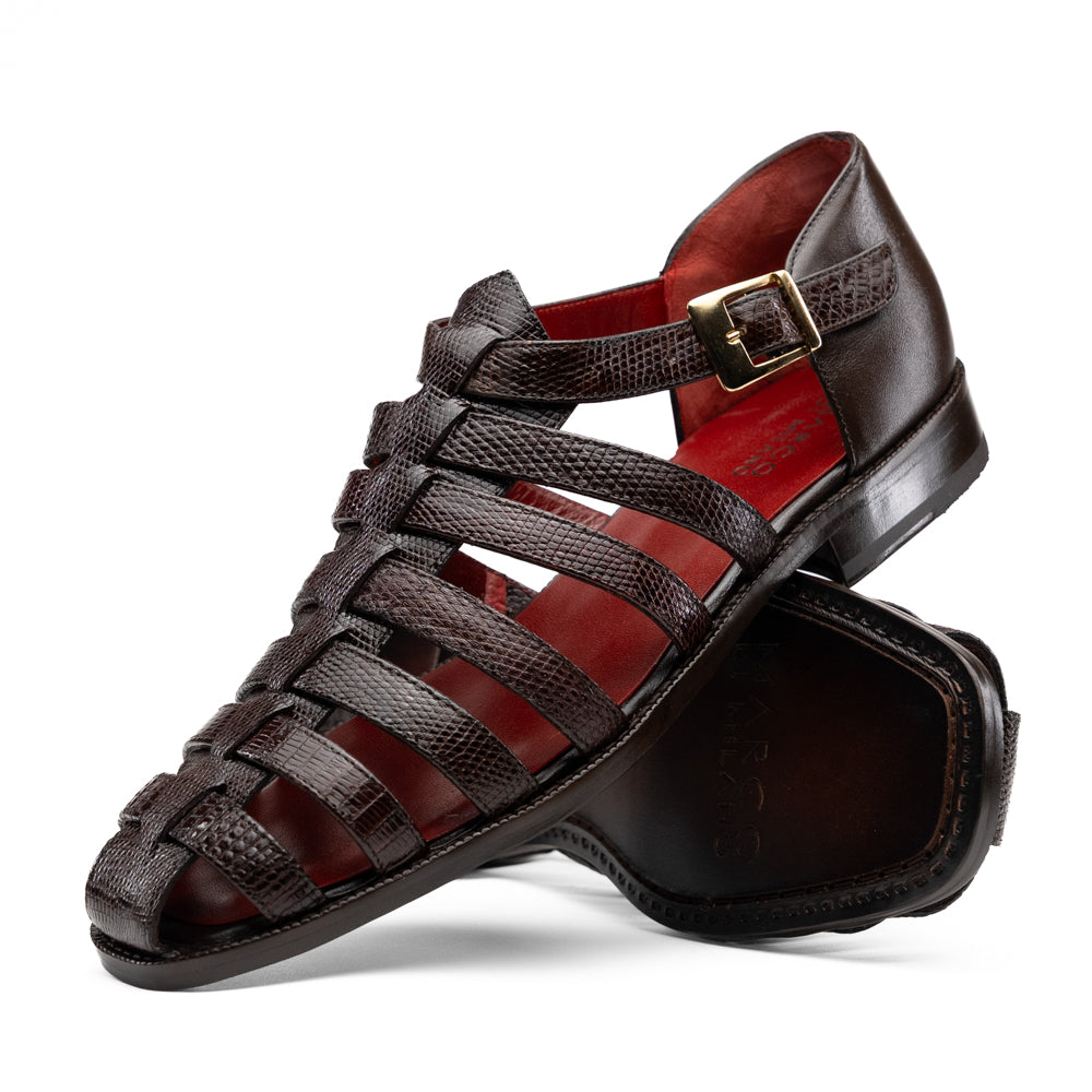Albero Brown handcrafted brown goat leather gladiator-style sandal with a low heel and a gold buckle.