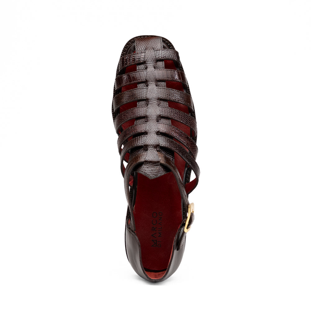 Albero Brown handcrafted brown goat leather gladiator-style sandal with a low heel and a gold buckle.