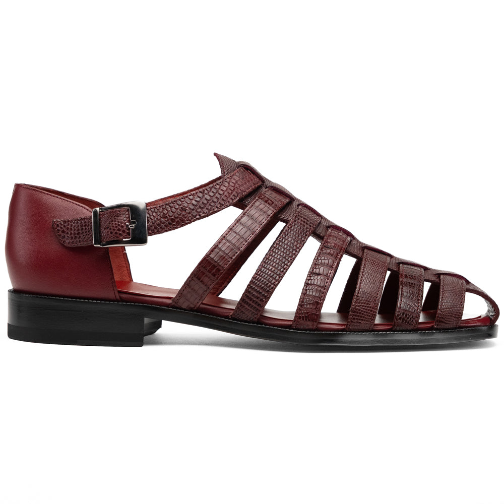 Albero Wine handcrafted dark red goat leather gladiator-style sandal by Marco Di Milano featuring a buckled ankle strap and a flat sole.