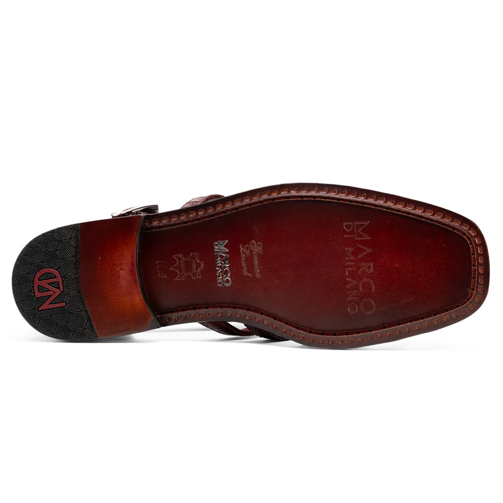 Albero Wine handcrafted dark red goat leather gladiator-style sandal by Marco Di Milano featuring a buckled ankle strap and a flat sole.