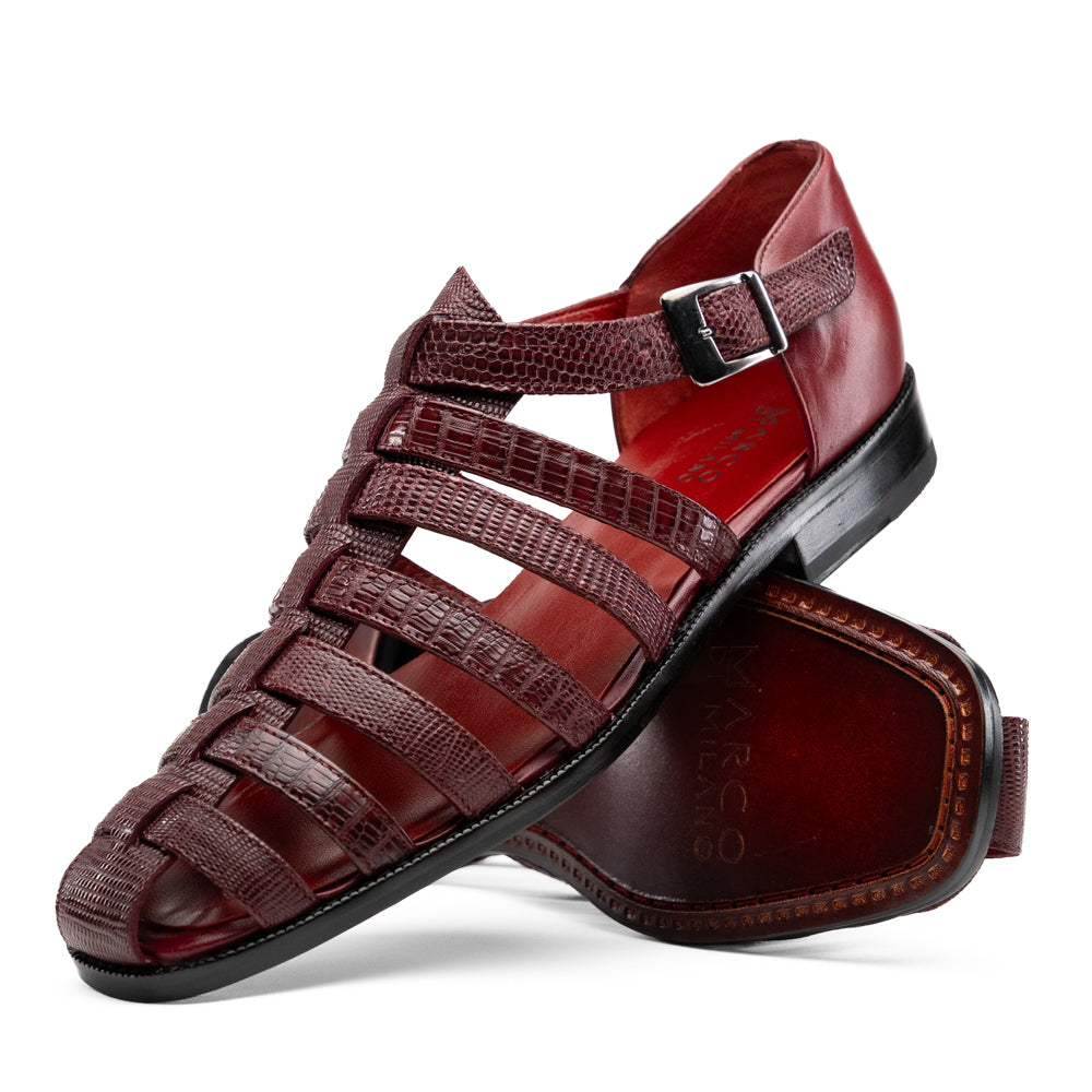Albero Wine handcrafted dark red goat leather gladiator-style sandal by Marco Di Milano featuring a buckled ankle strap and a flat sole.