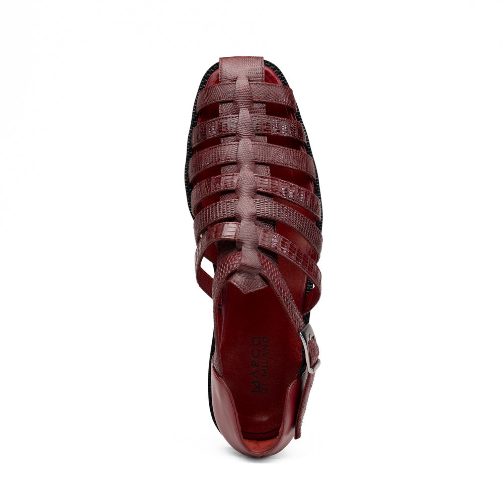 Albero Wine handcrafted dark red goat leather gladiator-style sandal by Marco Di Milano featuring a buckled ankle strap and a flat sole.