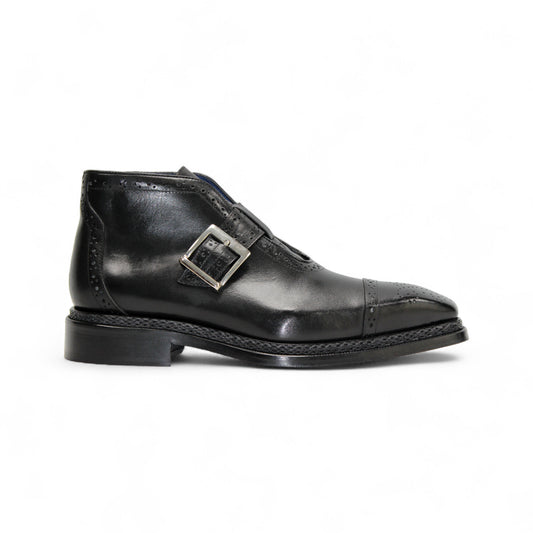 The Emilio Franco Aldo Black is a genuine leather dress shoe with a single side buckle and low heel, shown in black from the side against a white background.