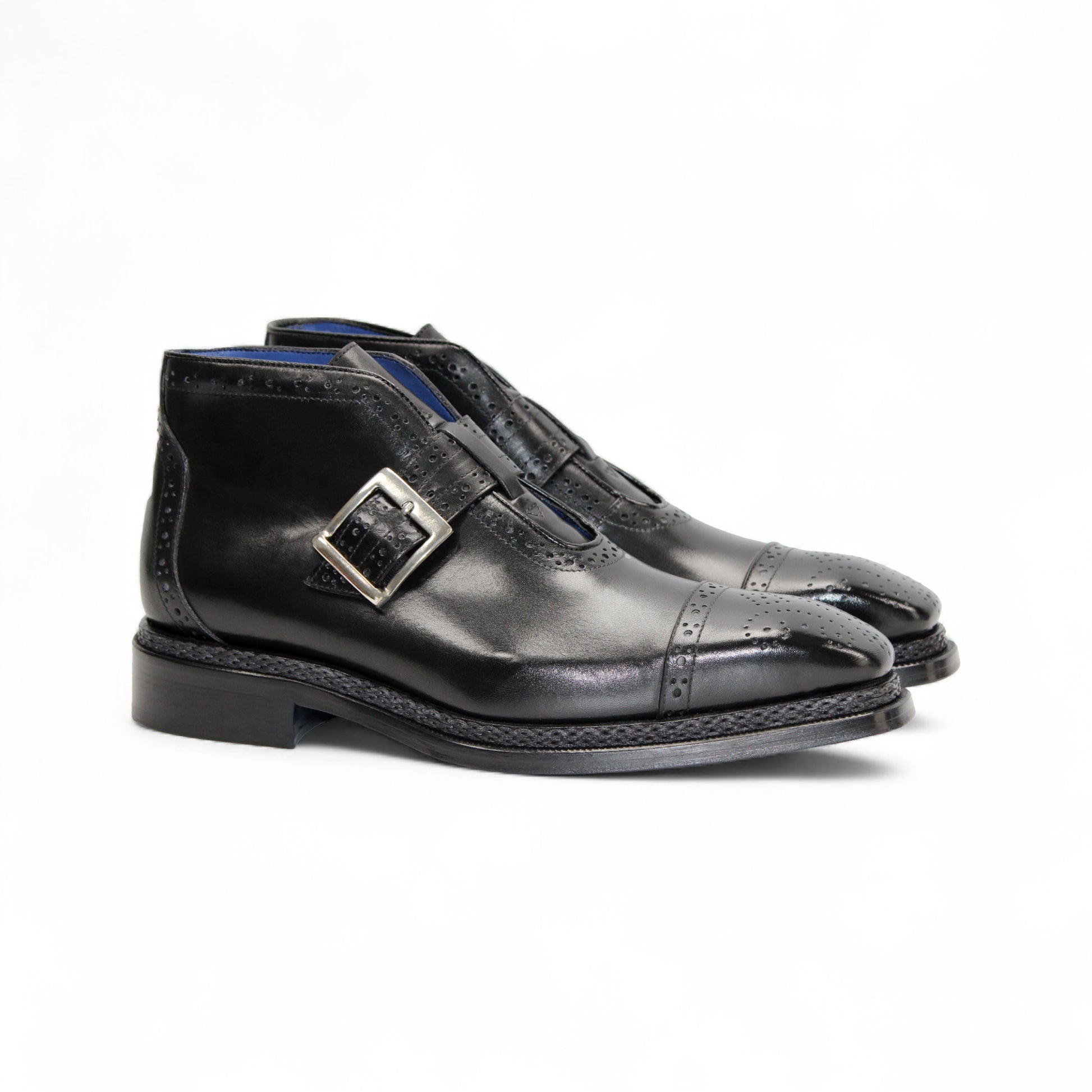 The Emilio Franco Aldo Black is a genuine leather dress shoe with a single side buckle and low heel, shown in black from the side against a white background.