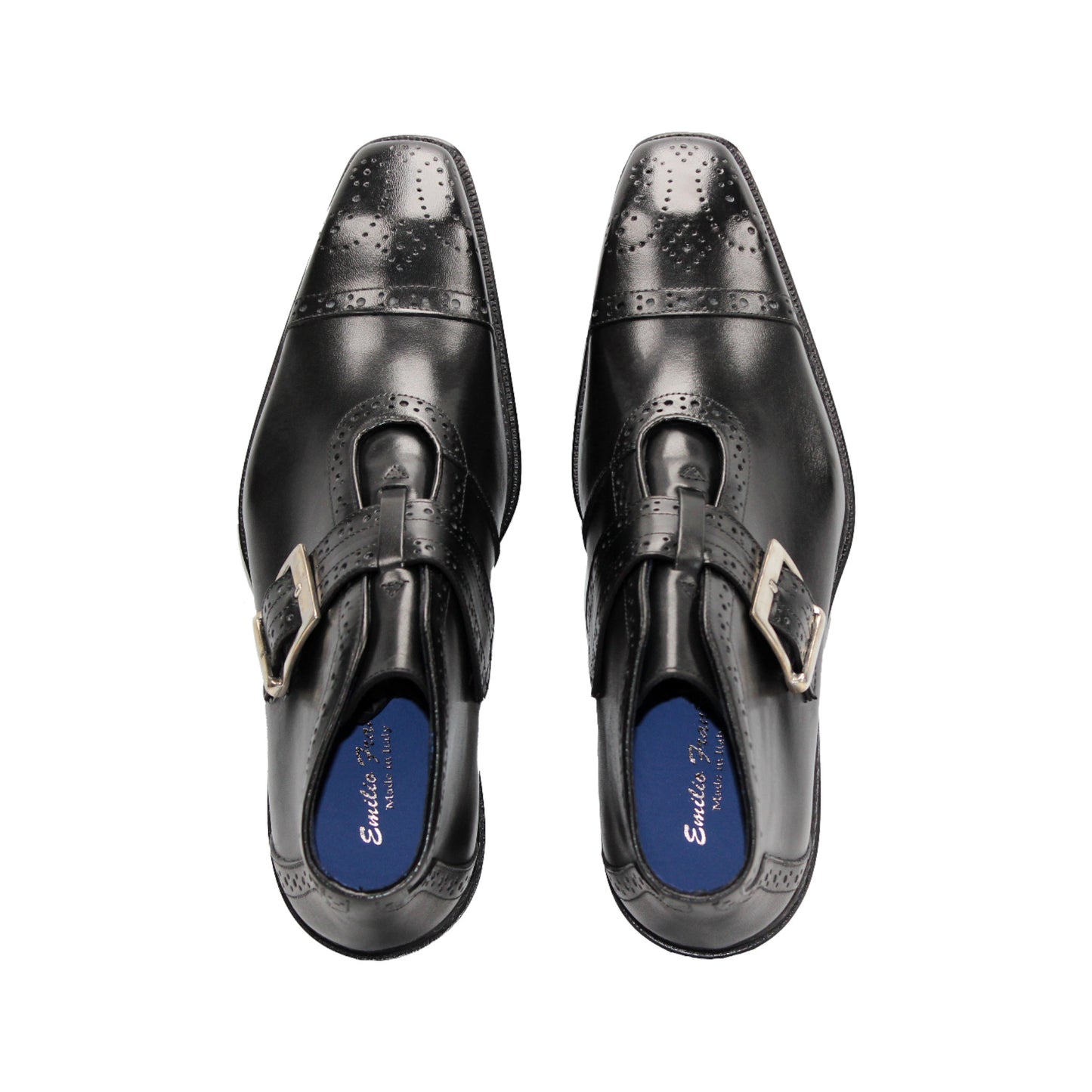 The Emilio Franco Aldo Black is a genuine leather dress shoe with a single side buckle and low heel, shown in black from the side against a white background.