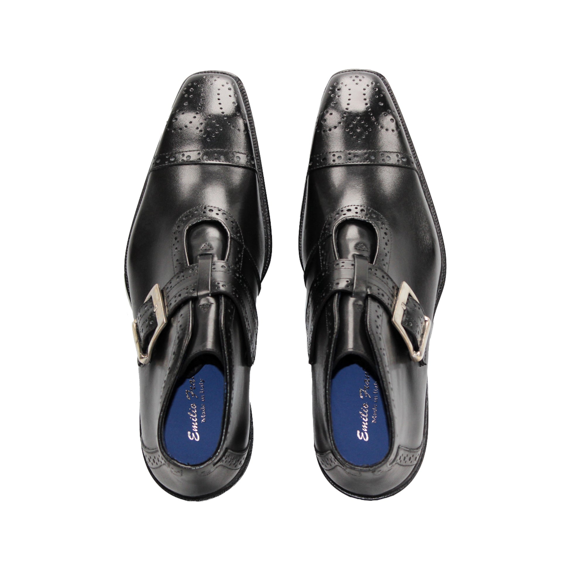The Emilio Franco Aldo Black is a genuine leather dress shoe with a single side buckle and low heel, shown in black from the side against a white background.