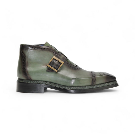 The Emilio Franco Aldo Green is an Italian leather dress shoe in green, featuring a single buckle, decorative perforations, leather sole, and dark brown accents. Shown in side profile. Brand: Emilio Franco.