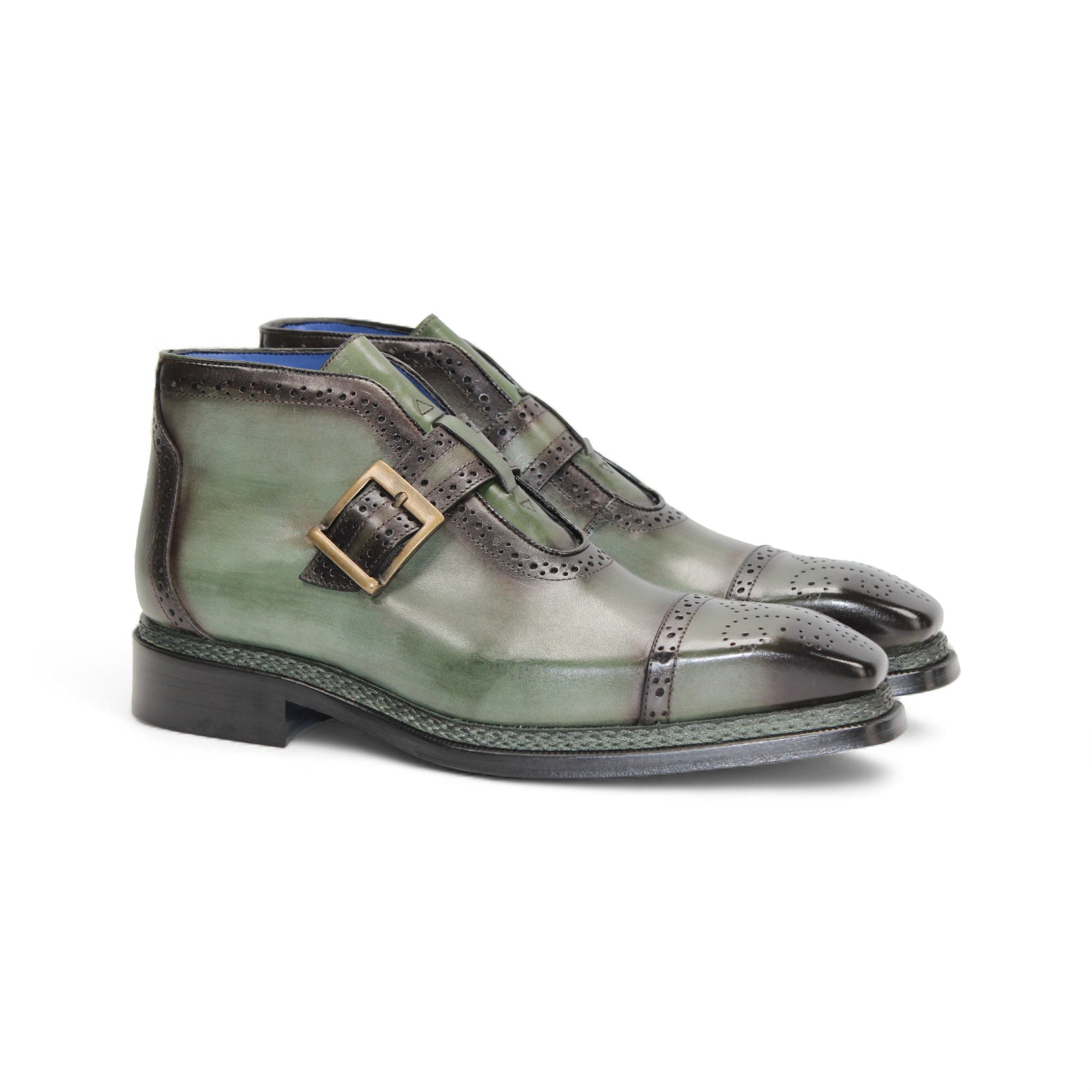 The Emilio Franco Aldo Green is an Italian leather dress shoe in green, featuring a single buckle, decorative perforations, leather sole, and dark brown accents. Shown in side profile. Brand: Emilio Franco.