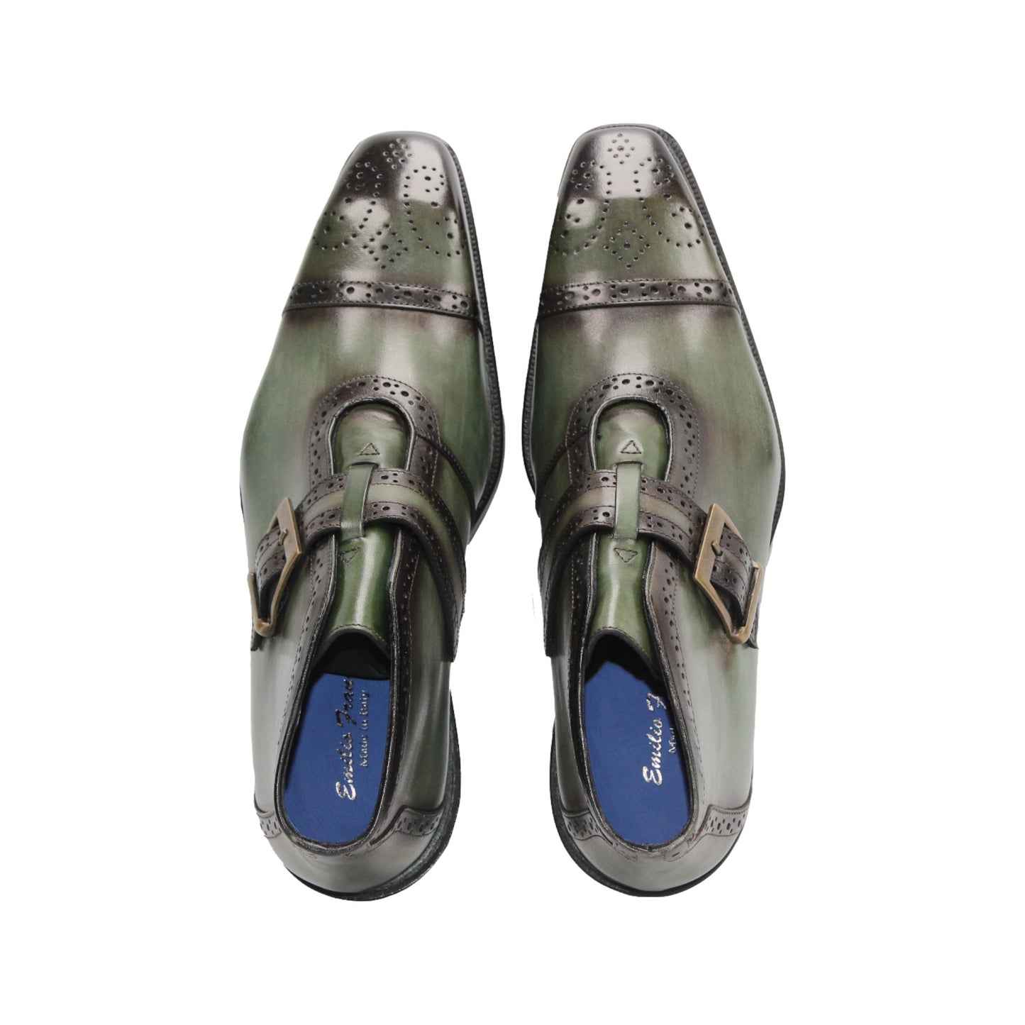 The Emilio Franco Aldo Green is an Italian leather dress shoe in green, featuring a single buckle, decorative perforations, leather sole, and dark brown accents. Shown in side profile. Brand: Emilio Franco.