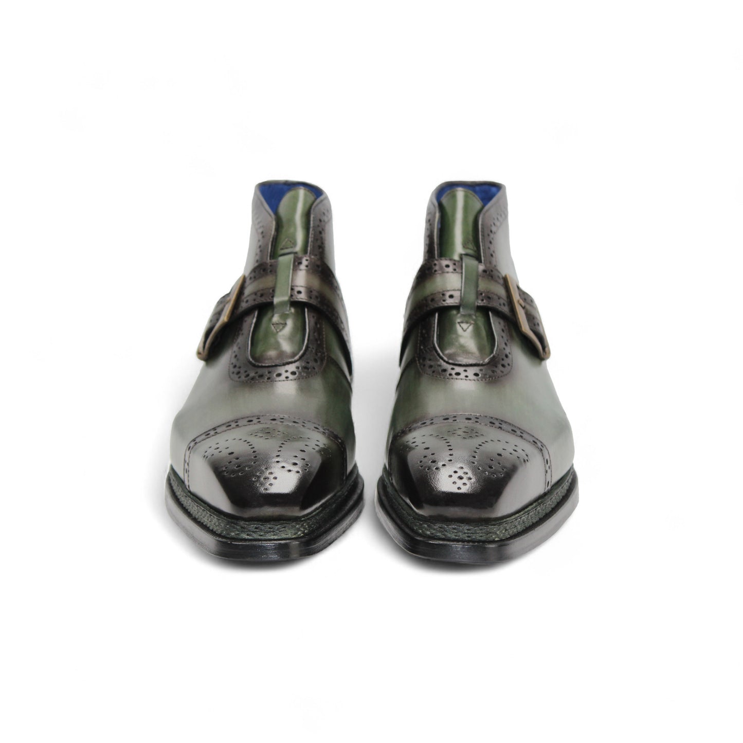 The Emilio Franco Aldo Green is an Italian leather dress shoe in green, featuring a single buckle, decorative perforations, leather sole, and dark brown accents. Shown in side profile. Brand: Emilio Franco.