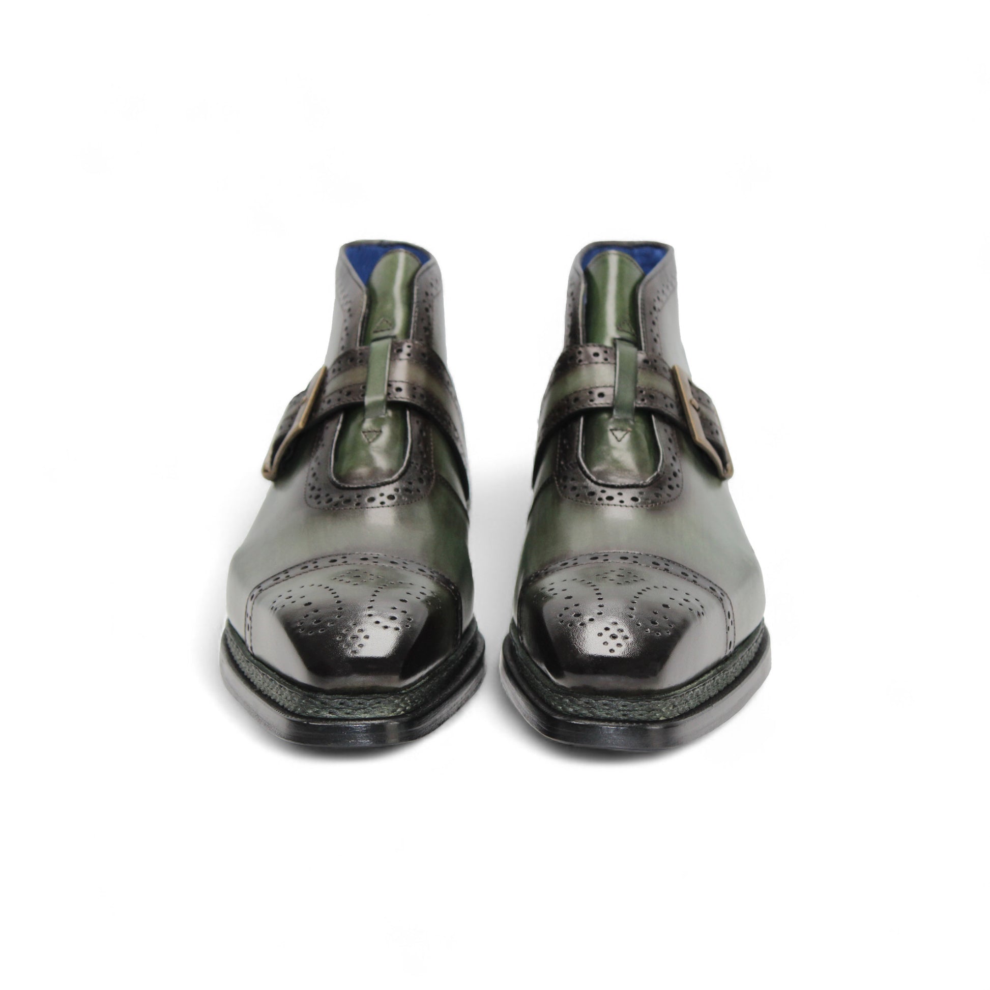 The Emilio Franco Aldo Green is an Italian leather dress shoe in green, featuring a single buckle, decorative perforations, leather sole, and dark brown accents. Shown in side profile. Brand: Emilio Franco.