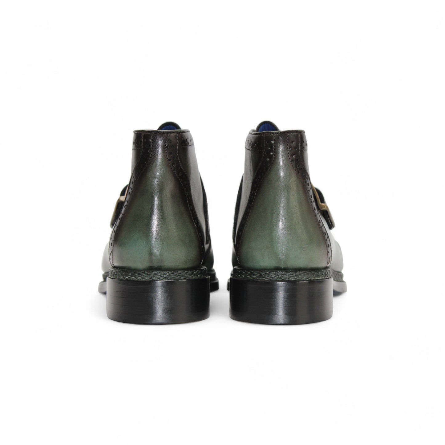 The Emilio Franco Aldo Green is an Italian leather dress shoe in green, featuring a single buckle, decorative perforations, leather sole, and dark brown accents. Shown in side profile. Brand: Emilio Franco.