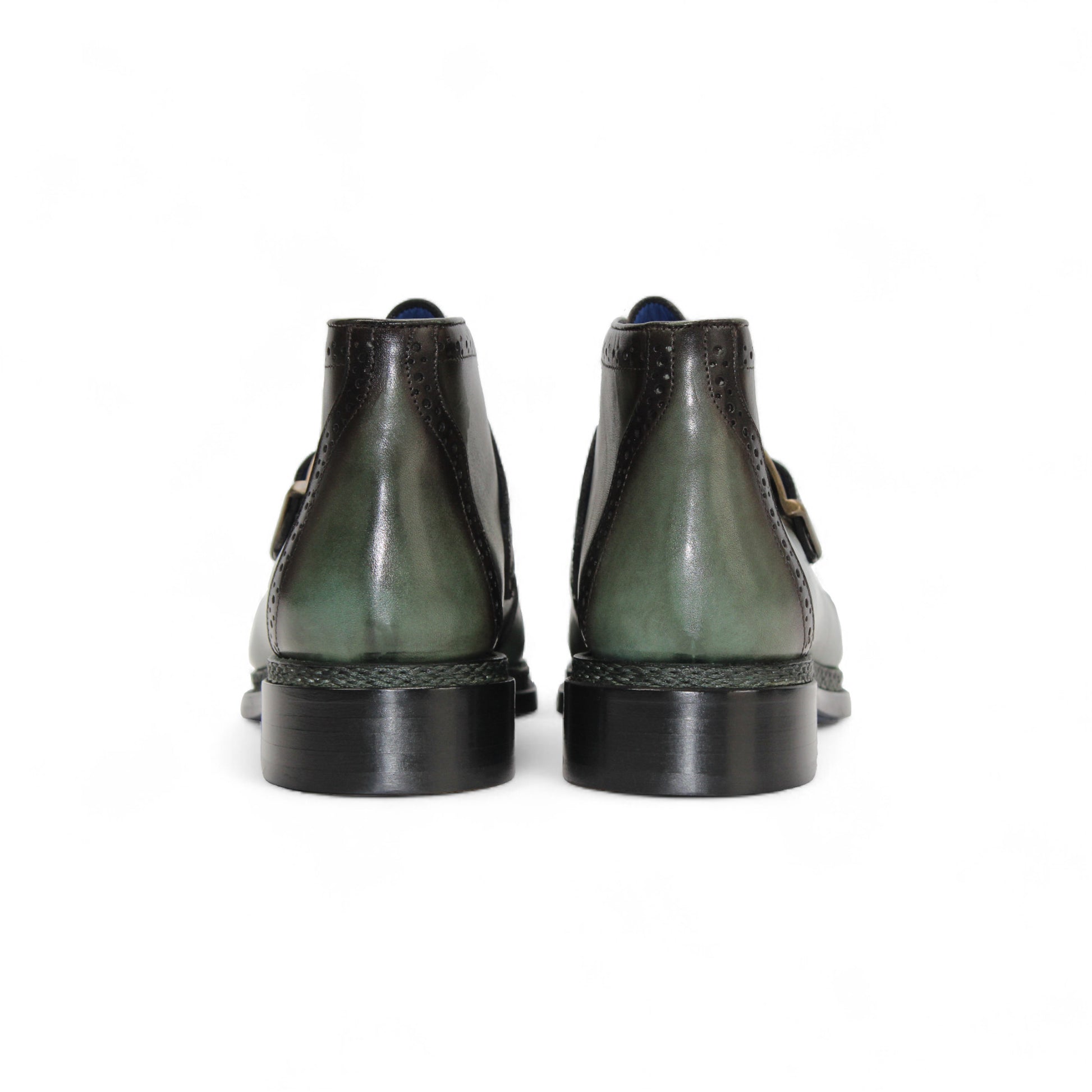 The Emilio Franco Aldo Green is an Italian leather dress shoe in green, featuring a single buckle, decorative perforations, leather sole, and dark brown accents. Shown in side profile. Brand: Emilio Franco.