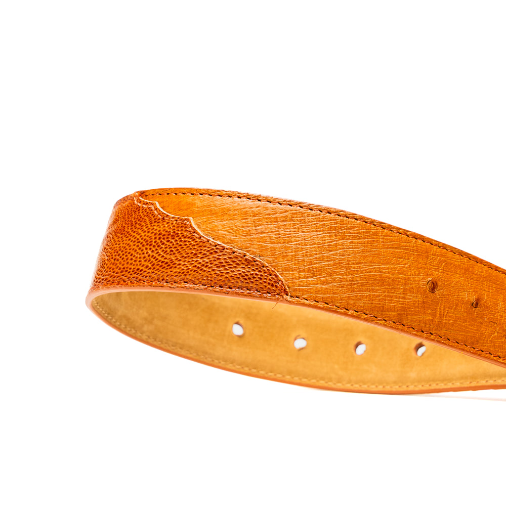 A coiled Alessio Belt Cognac by Marco Di Milano, crafted from genuine ostrich leather in light brown with a textured pattern and a silver buckle engraved with the brand name.