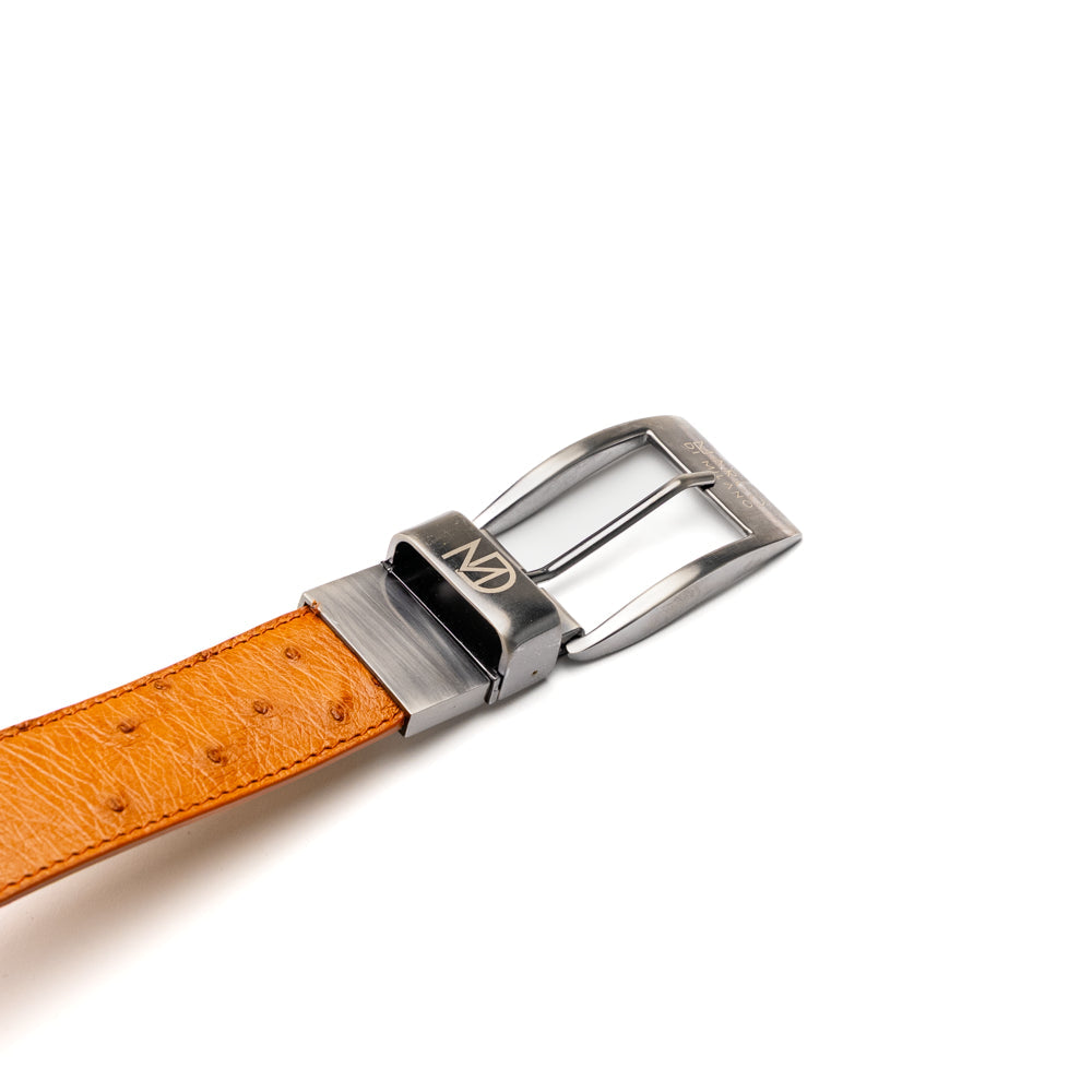 A coiled Alessio Belt Cognac by Marco Di Milano, crafted from genuine ostrich leather in light brown with a textured pattern and a silver buckle engraved with the brand name.